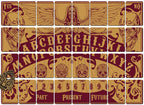 Set of wooden tiles with various symbols and text on a brown background
