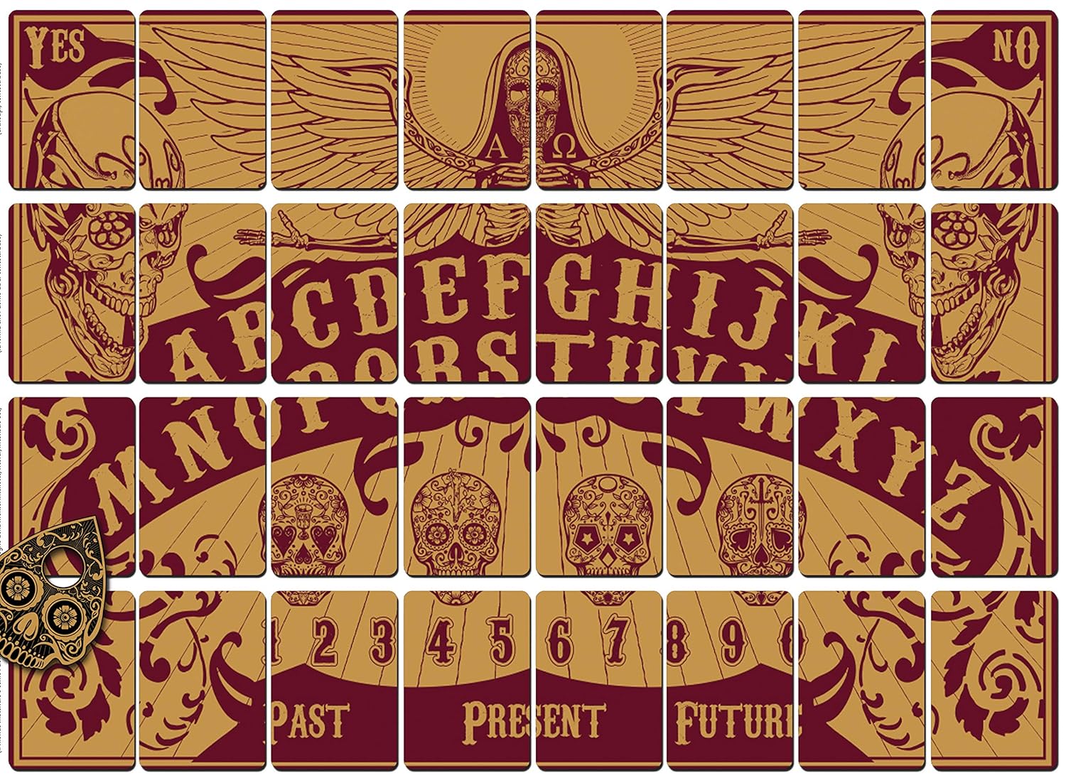 Set of wooden tiles with various symbols and text on a brown background