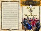 Book or card with text and illustrations of people in armor and regal attire, featuring a prominent fleur-de-lis symbol.