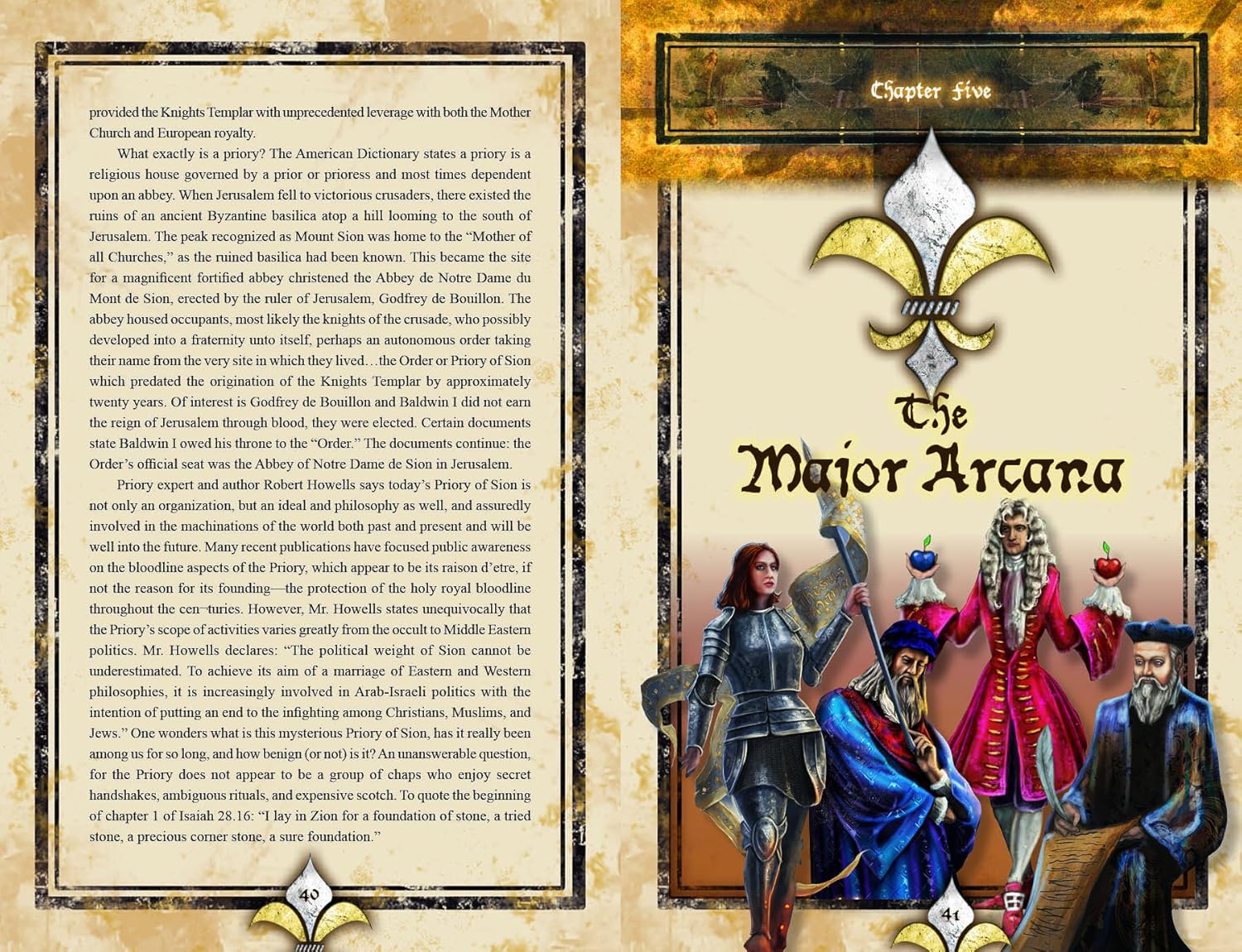 Book or card with text and illustrations of people in armor and regal attire, featuring a prominent fleur-de-lis symbol.