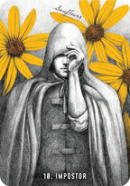Illustration of a hooded figure with sunflowers in the background, labeled 'Impostor'.