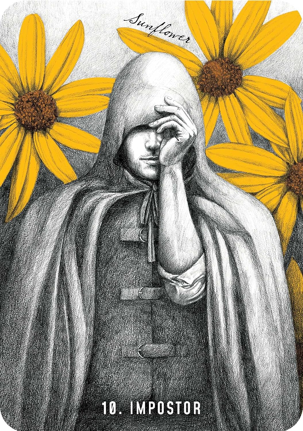 Illustration of a hooded figure with sunflowers in the background, labeled 'Impostor'.