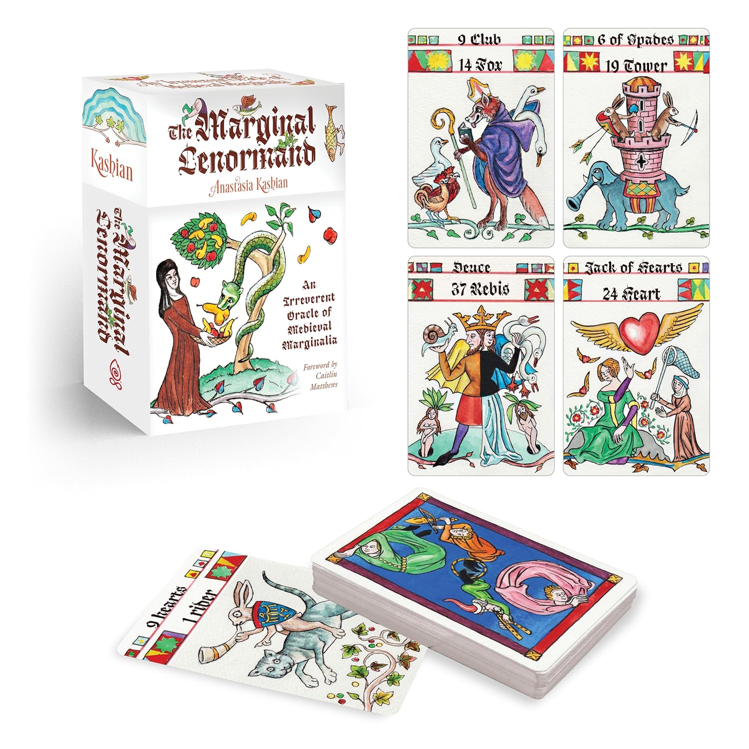 Marginal Lenormand oracle cards with colorful illustrations on a white background