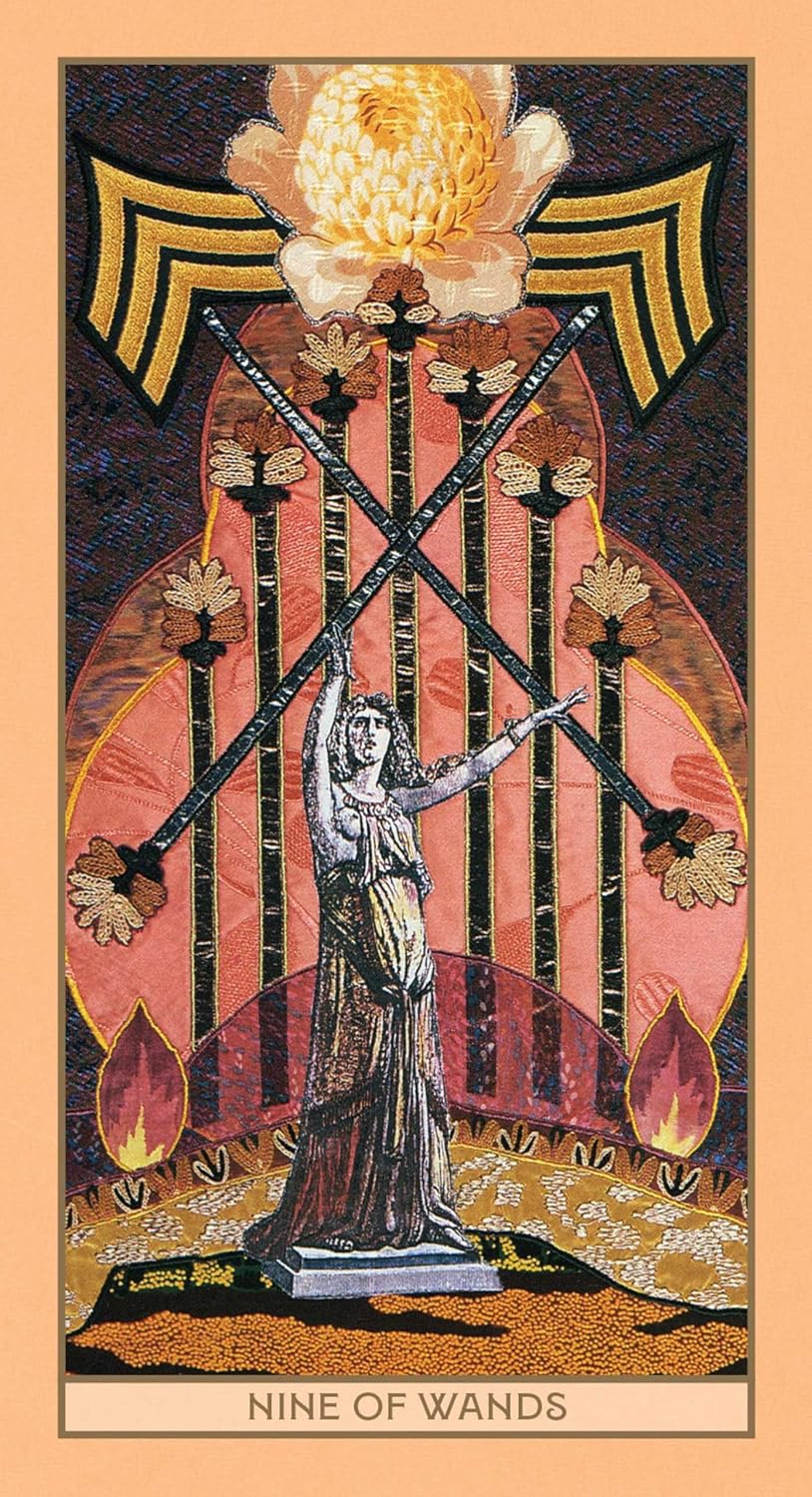 Tarot card featuring a figure with crossed sticks against a decorative background, labeled 'Nine of Wands'.