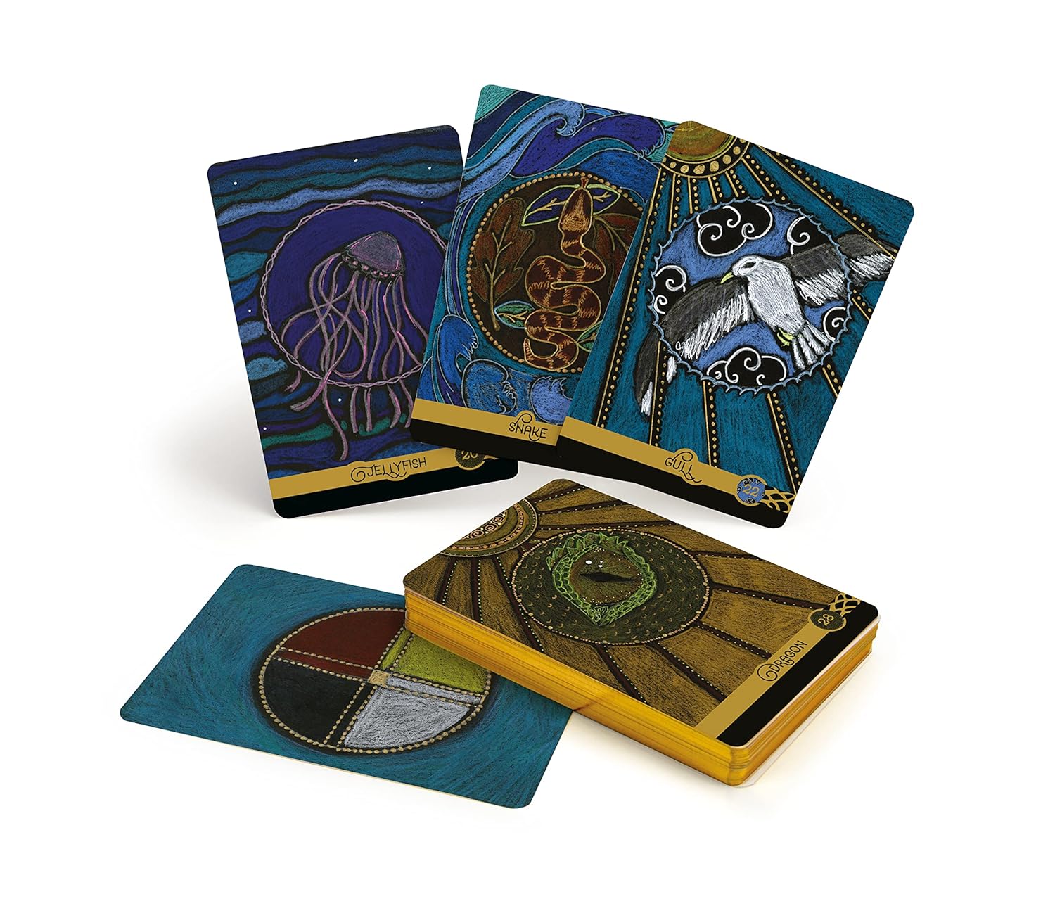 Set of tarot cards with artistic designs on a white background