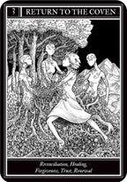 Black and white tarot card with a central figure surrounded by nature elements and text at the top and bottom.