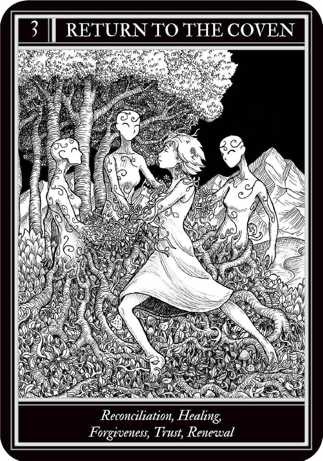 Black and white tarot card with a central figure surrounded by nature elements and text at the top and bottom.