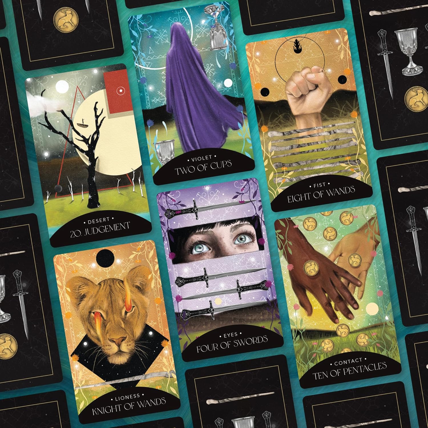 Collection of tarot cards with various symbols and designs on a dark background
