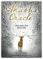 Book cover of 'Akasha Oracle' with a deer illustration and text about unlocking wisdom from previous lives.