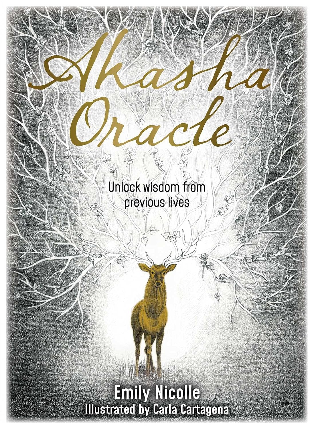 Book cover of 'Akasha Oracle' with a deer illustration and text about unlocking wisdom from previous lives.