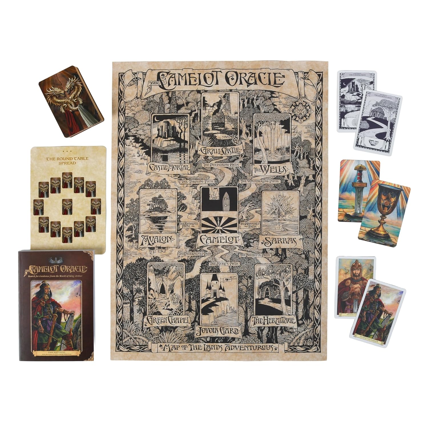 Camelot Oracle card set with tarot-style cards and a large poster.