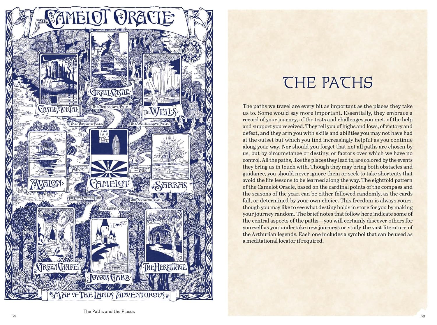Page from a book titled 'Camelot Oracle' with illustrations and text on 'The Paths'.