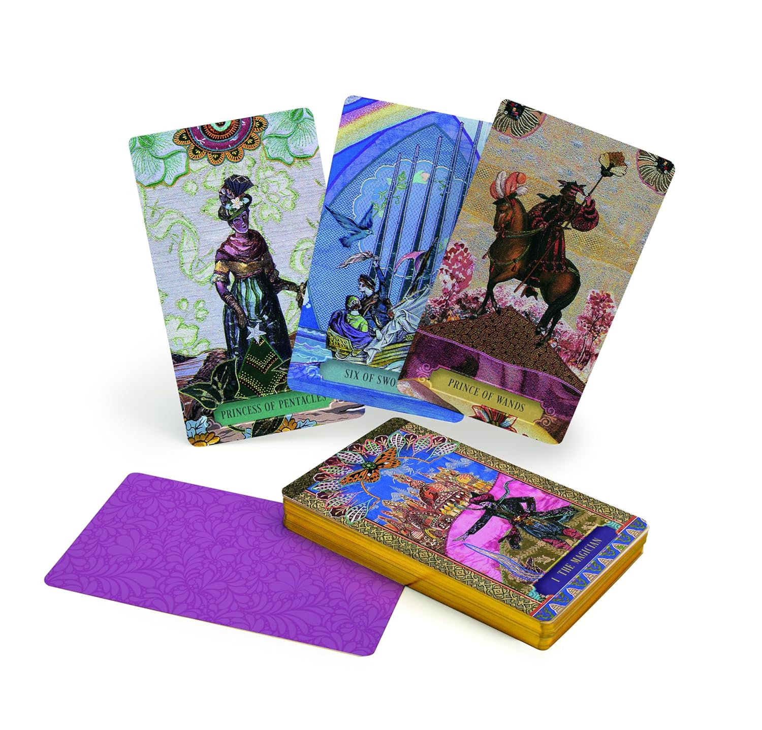 Colorful tarot cards with intricate designs on a white background