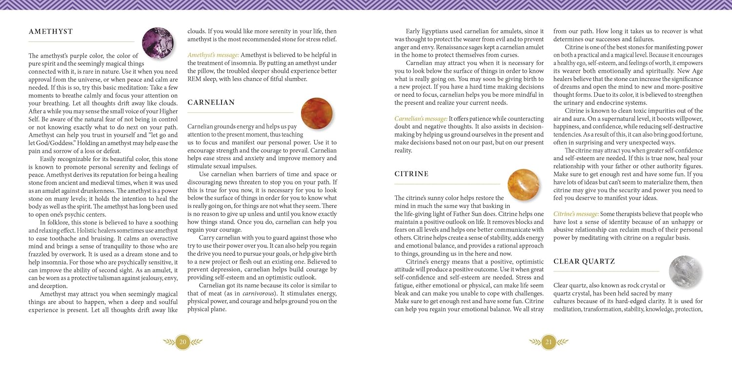 Page from a book or magazine with text and circular images of gemstones on a white background.