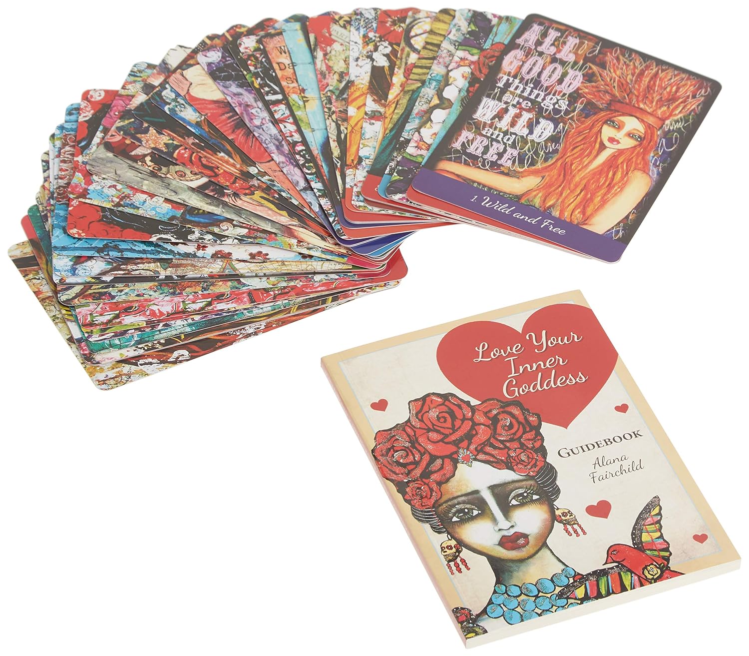 Collection of tarot cards with a focus on one card showing 'Love Your Inner Goddess' guidebook.