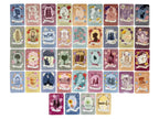 Collection of colorful tarot cards with various designs on a white background