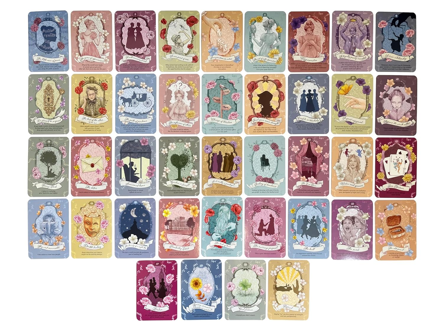 Collection of colorful tarot cards with various designs on a white background
