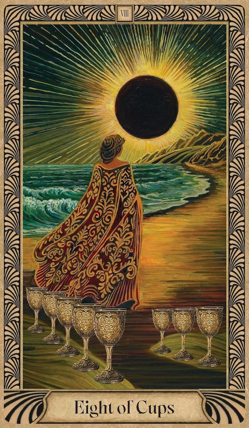 Tarot card titled 'Eight of Cups' with a person in a patterned robe standing by a body of water with eight cups in front.