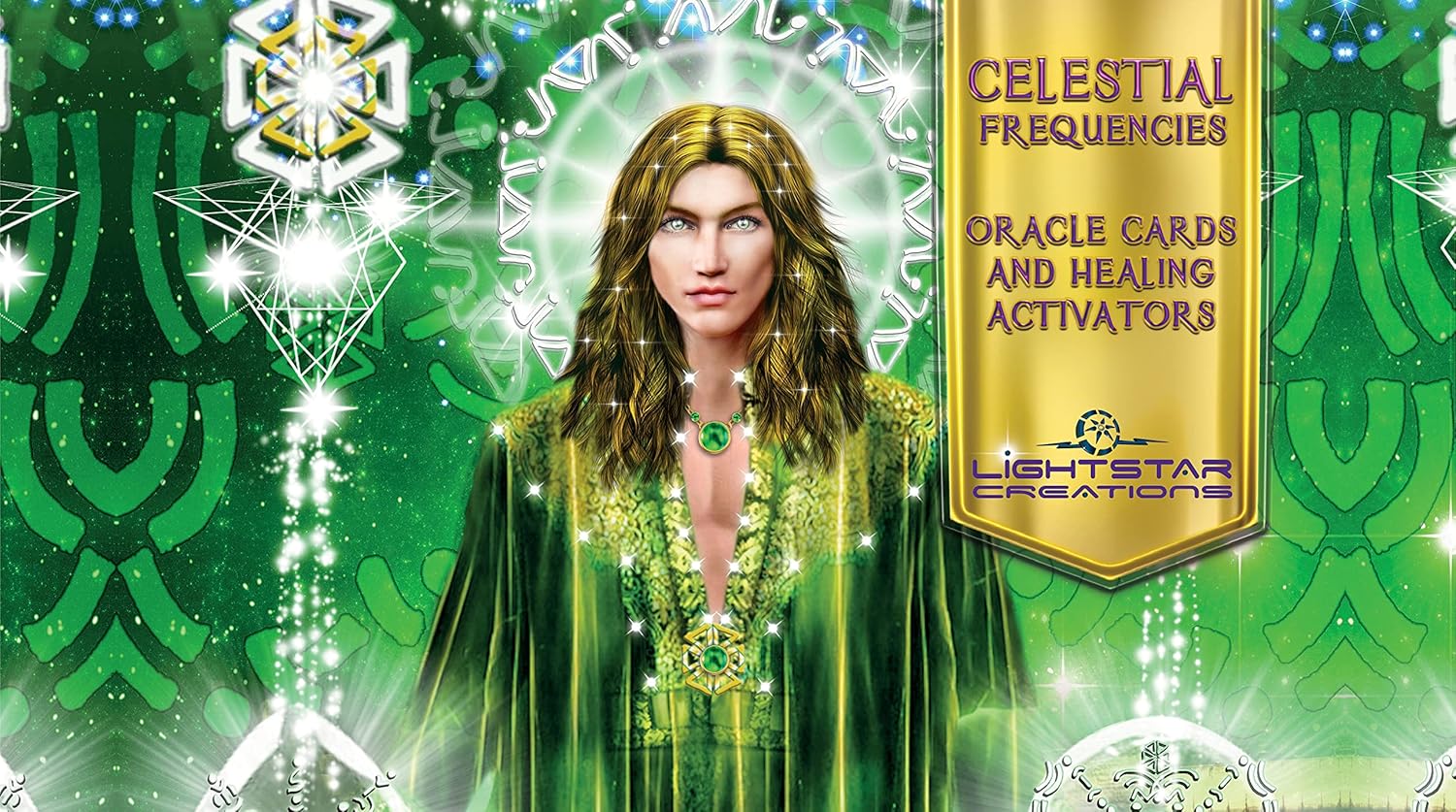 Card featuring a person in a green robe with celestial frequencies and Oracle cards text.