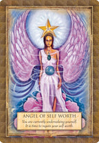An oracle card titled 'Angel of Self Worth' featuring an illustration of a female angel with large pink wings, a gold star halo, and a blue gem, set against a textured brown background with the card's message printed at the bottom.