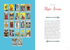 Page from a book about tarot cards with Major Arcana cards displayed on a blue background.
