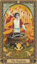 Tarot card featuring 'The Magician' with intricate design and symbolic elements.