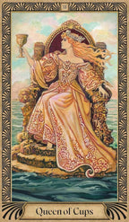 Tarot card featuring the 'Queen of Cups' with a decorative border and ocean background.