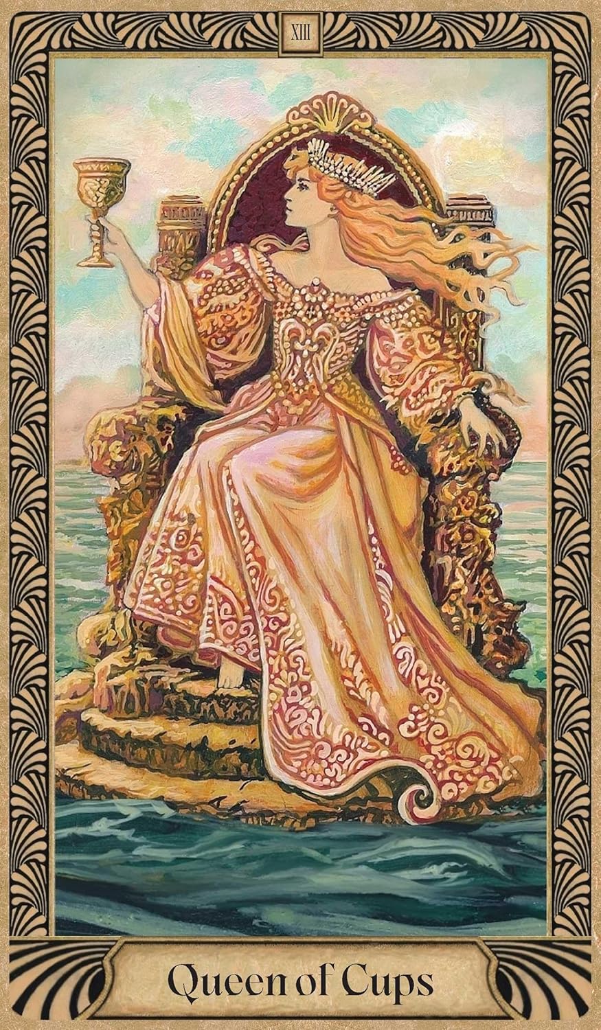 Tarot card featuring the 'Queen of Cups' with a decorative border and ocean background.