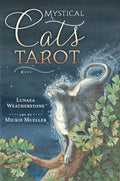 Cover of 'Mystical Cats Tarot' with a cat on a branch and starry night background.