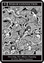 Tarot card with intricate black and white design of intertwined figures and text 'Web of Connection'.