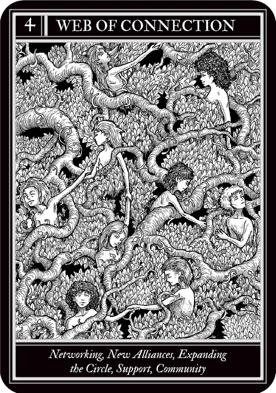 Tarot card with intricate black and white design of intertwined figures and text 'Web of Connection'.