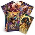 Set of tarot cards with colorful designs and 'Faces of Oshun' book on a white background