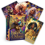 Set of tarot cards with colorful designs and 'Faces of Oshun' book on a white background