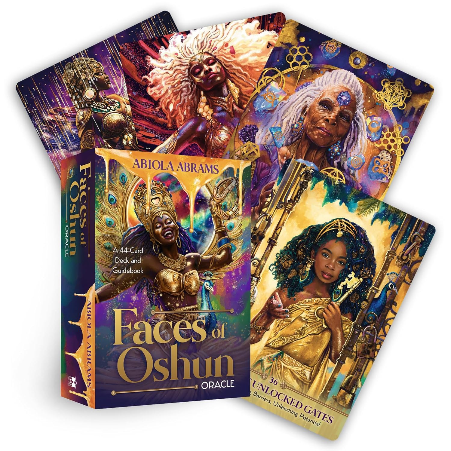 Set of tarot cards with colorful designs and 'Faces of Oshun' book on a white background