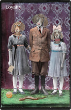 Artistic depiction of three dogs in human clothing with a purple patterned background