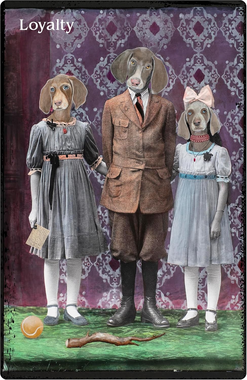 Artistic depiction of three dogs in human clothing with a purple patterned background
