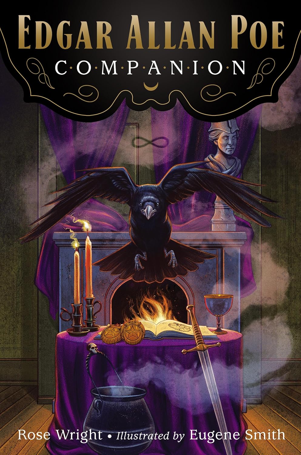 Book cover of 'Edgar Allan Poe Companion' with a raven, candles, and a fireplace illustration.
