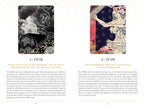 Two tarot cards with artistic designs and text on a white background