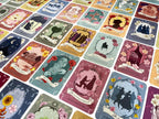 Collection of vintage-style cards with romantic scenes and floral elements.