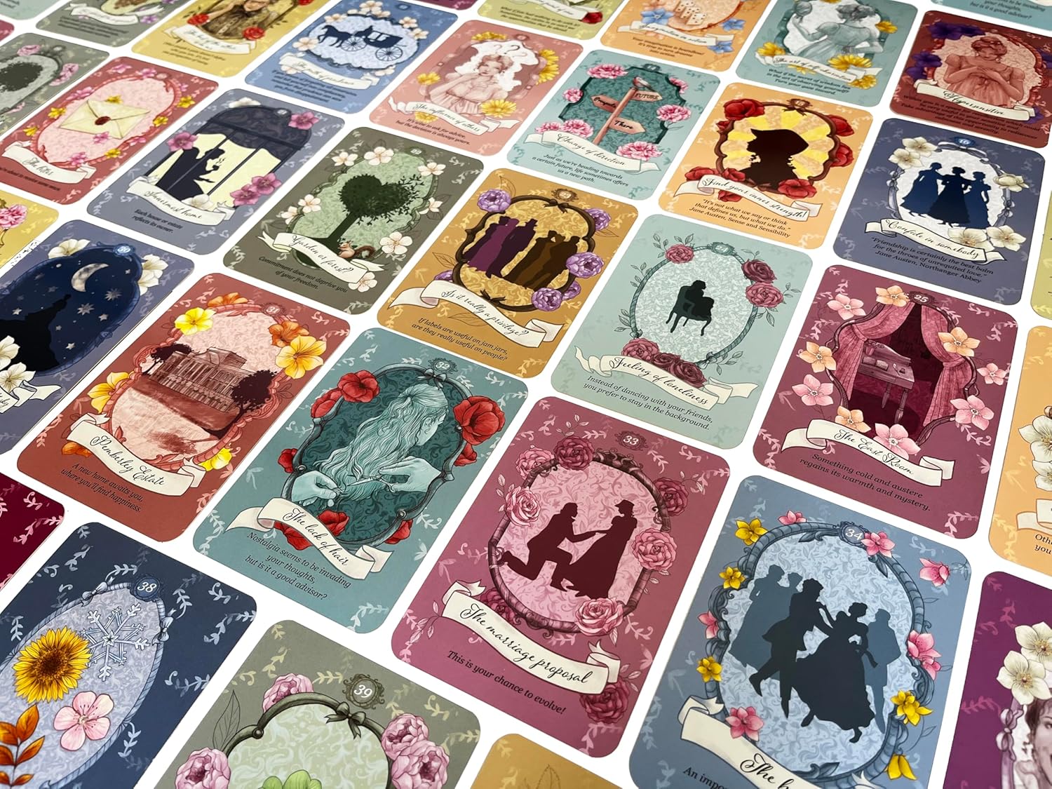 Collection of vintage-style cards with romantic scenes and floral elements.