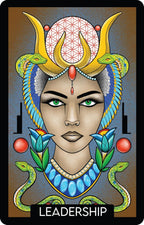Card featuring a stylized face with a headdress and snakes, labeled 'Leadership'.