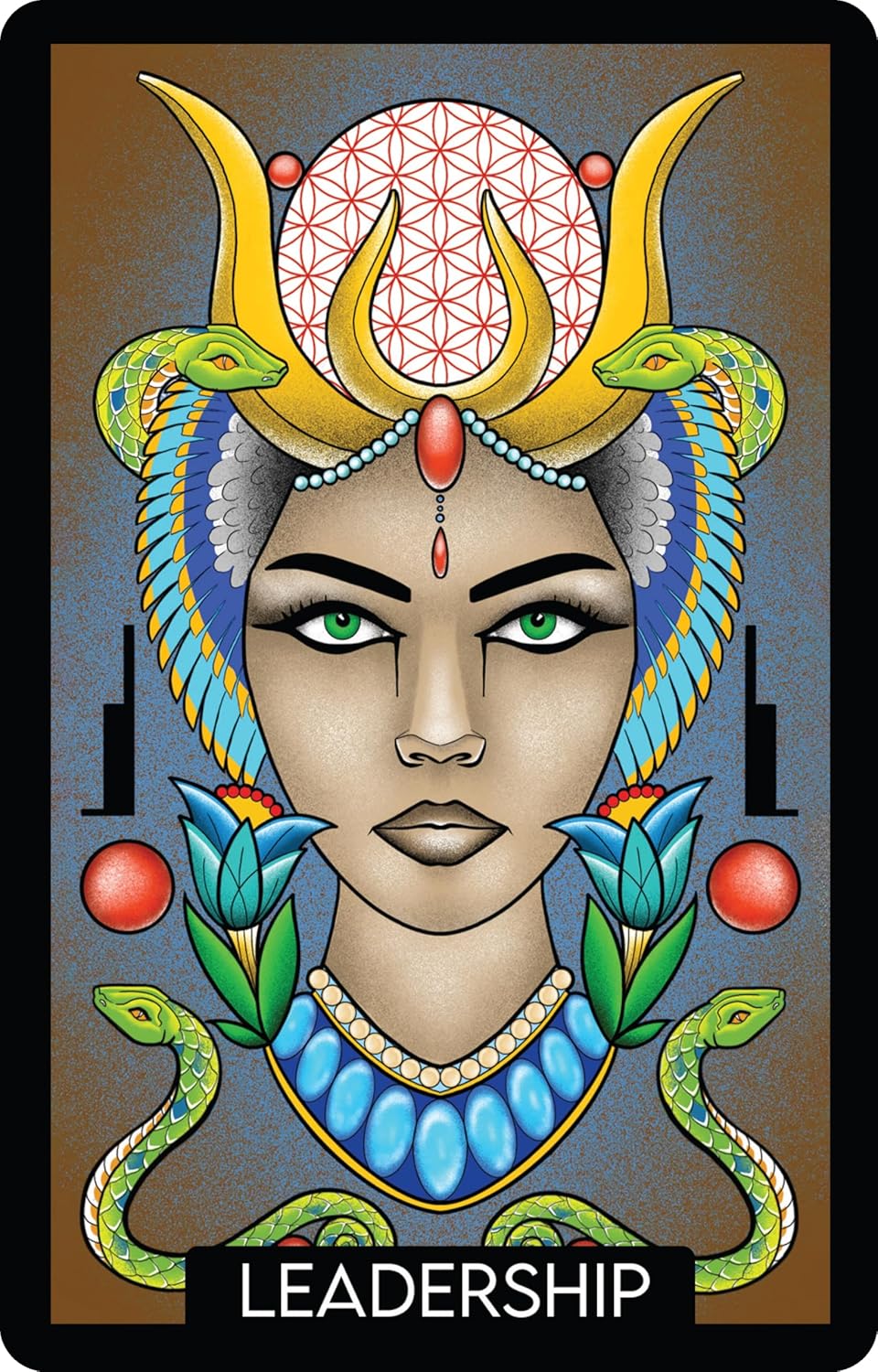 Card featuring a stylized face with a headdress and snakes, labeled 'Leadership'.