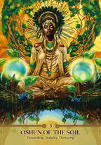 Illustration of a figure named Oshun surrounded by nature elements with a warm color palette.