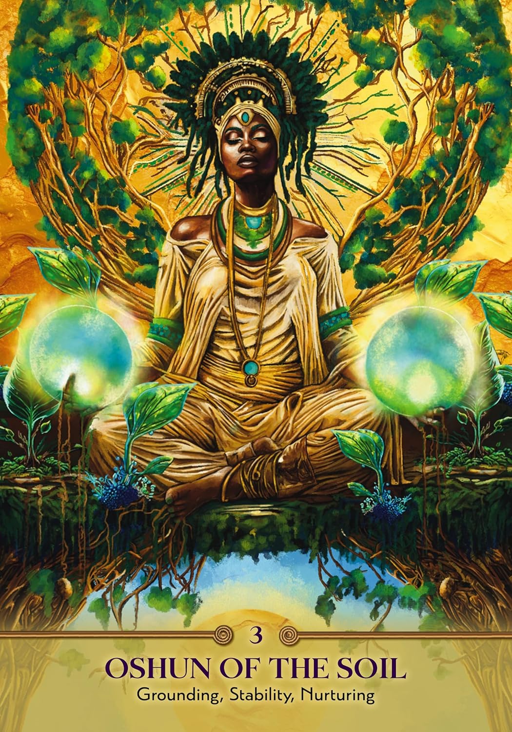 Illustration of a figure named Oshun surrounded by nature elements with a warm color palette.