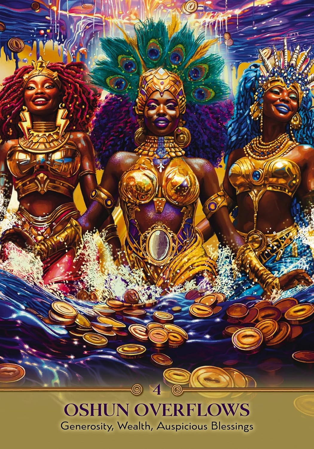 Three figures in elaborate costumes with peacock feathers and gold jewelry, surrounded by coins and water, with 'Oshun Overflows' text at the bottom.