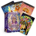 Sacred Mushroom Oracle cards with colorful illustrations on a white background