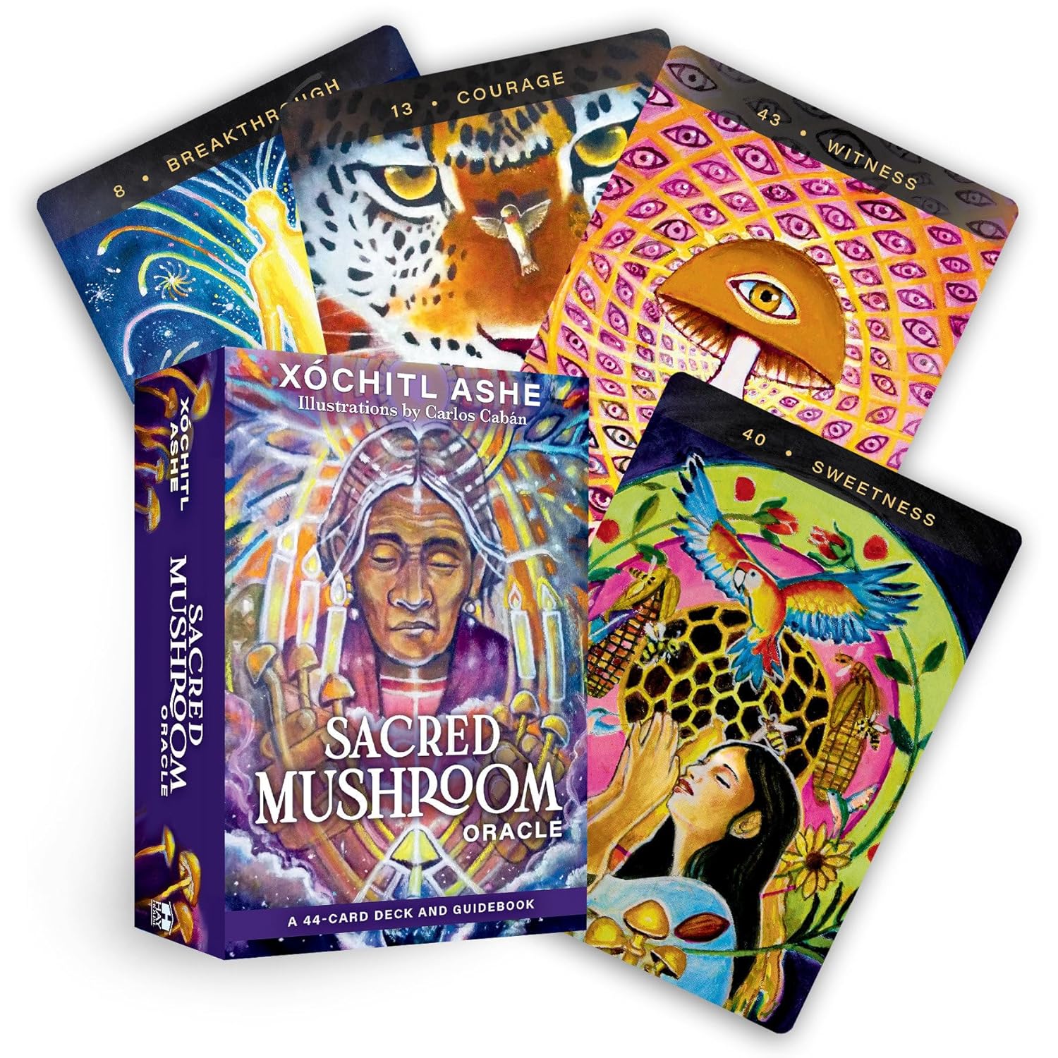 Sacred Mushroom Oracle cards with colorful illustrations on a white background