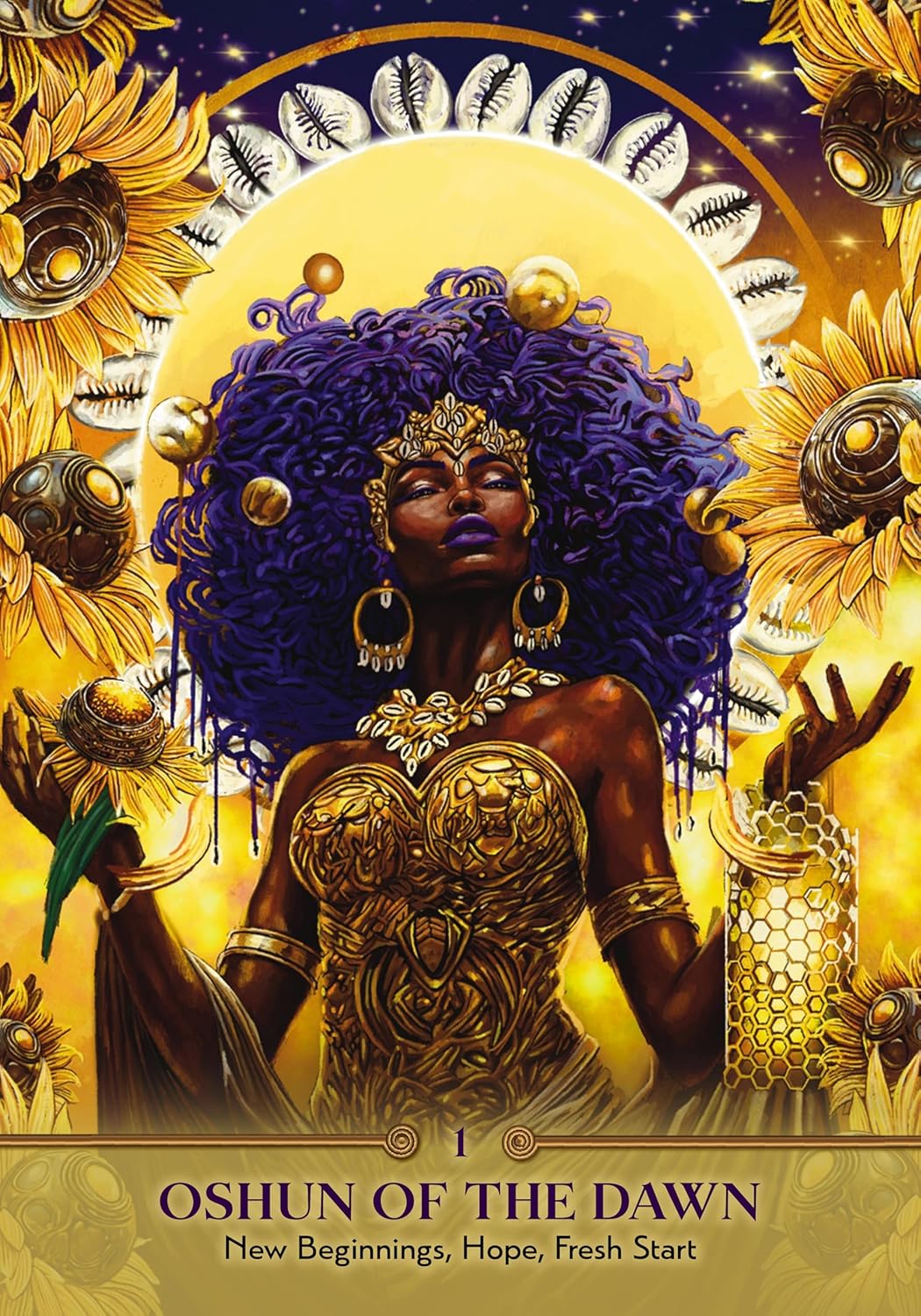 Card featuring a person with a large afro, surrounded by sunflowers and a moon, with text 'Oshun of the Dawn' at the bottom.