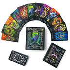 Colorful deck of cards with intricate designs on a white background