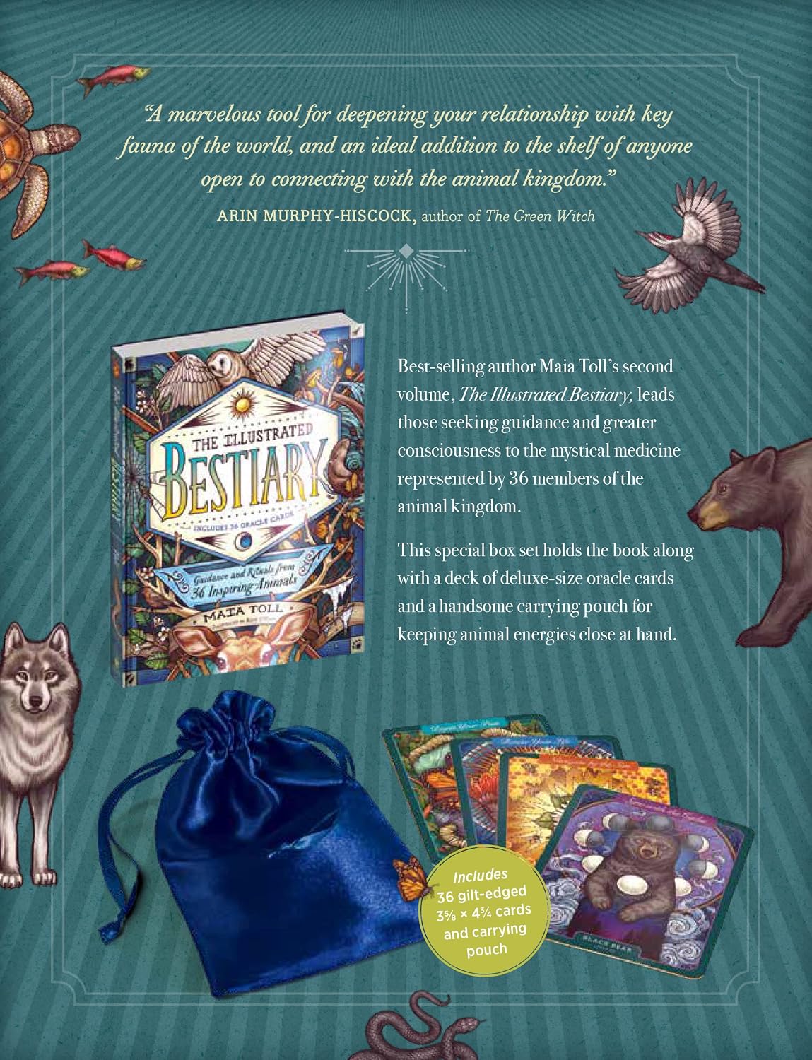 Promotional image of an illustrated bestiary book with cards and a pouch on a blue background.